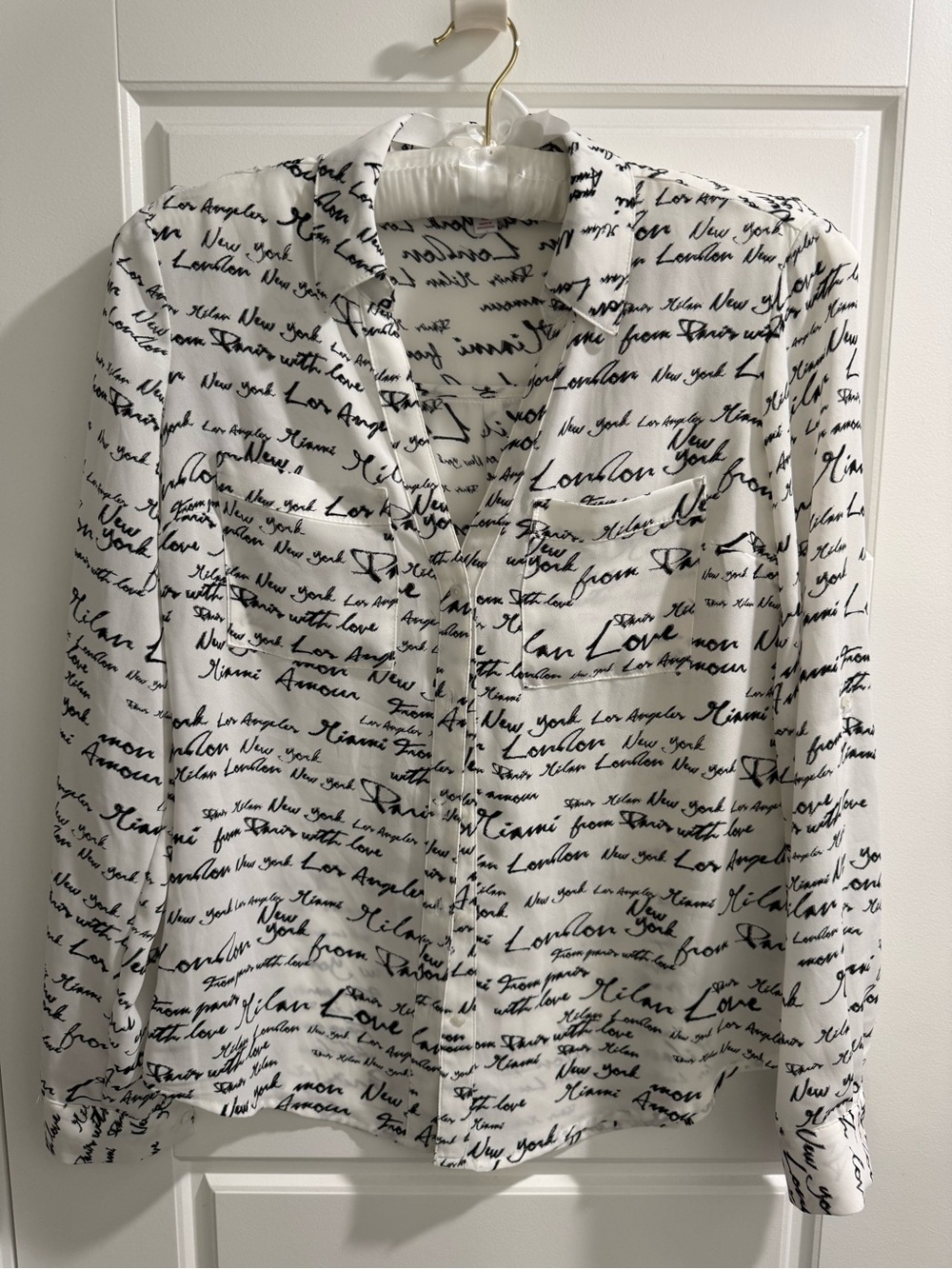 Candie's White Button-Down Shirt with Black Script Print
